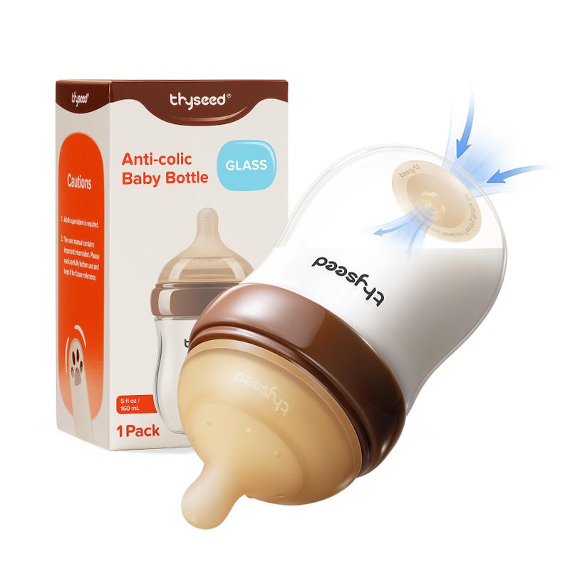 Thyseed Anti-Colic Glass Baby Bottle for Breastfed Infants, Paced Feeding, Breast-Like Newborn Slow Flow Nipple (1m+), 5 oz, 1 Pack - Image 1