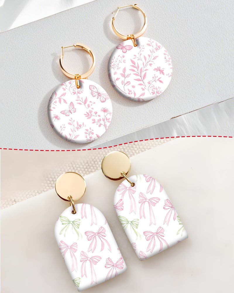 Puocaon Pink Polymer Clay Transfer Sheets - 18 Pcs Cute Bow Floral Transfer Paper for Polymer Clay Earrings Jewelry Chinoiserie Flowers Butterfly Pink Gingham Design - Image 3