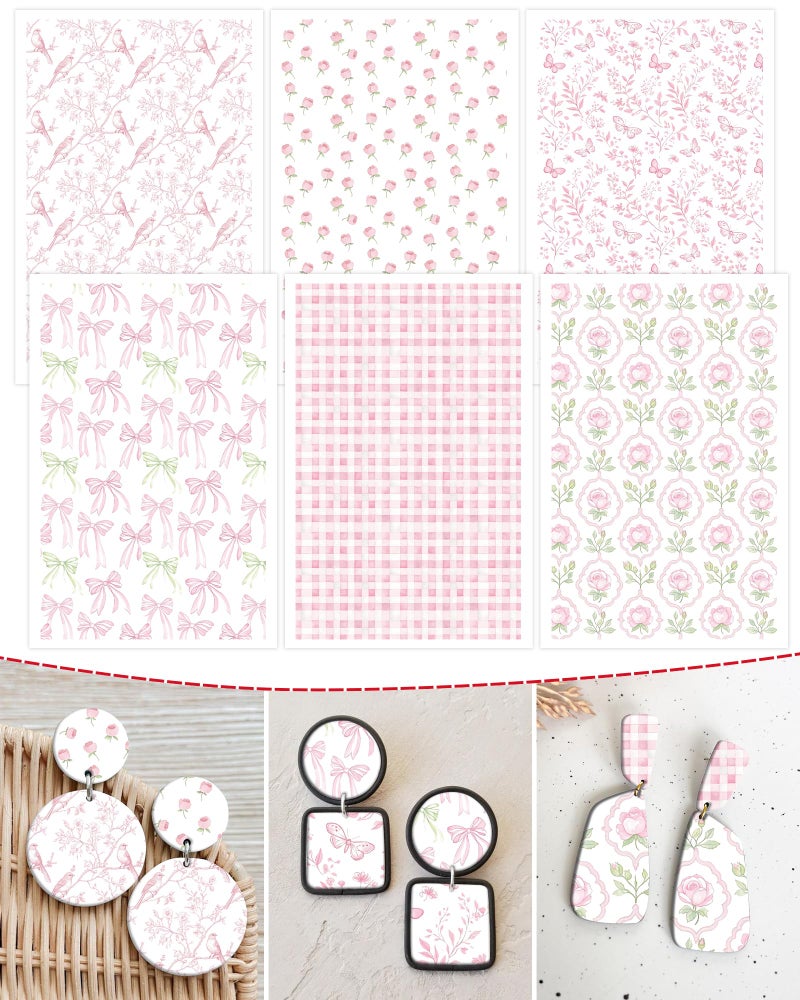 Puocaon Pink Polymer Clay Transfer Sheets - 18 Pcs Cute Bow Floral Transfer Paper for Polymer Clay Earrings Jewelry Chinoiserie Flowers Butterfly Pink Gingham Design - Image 1