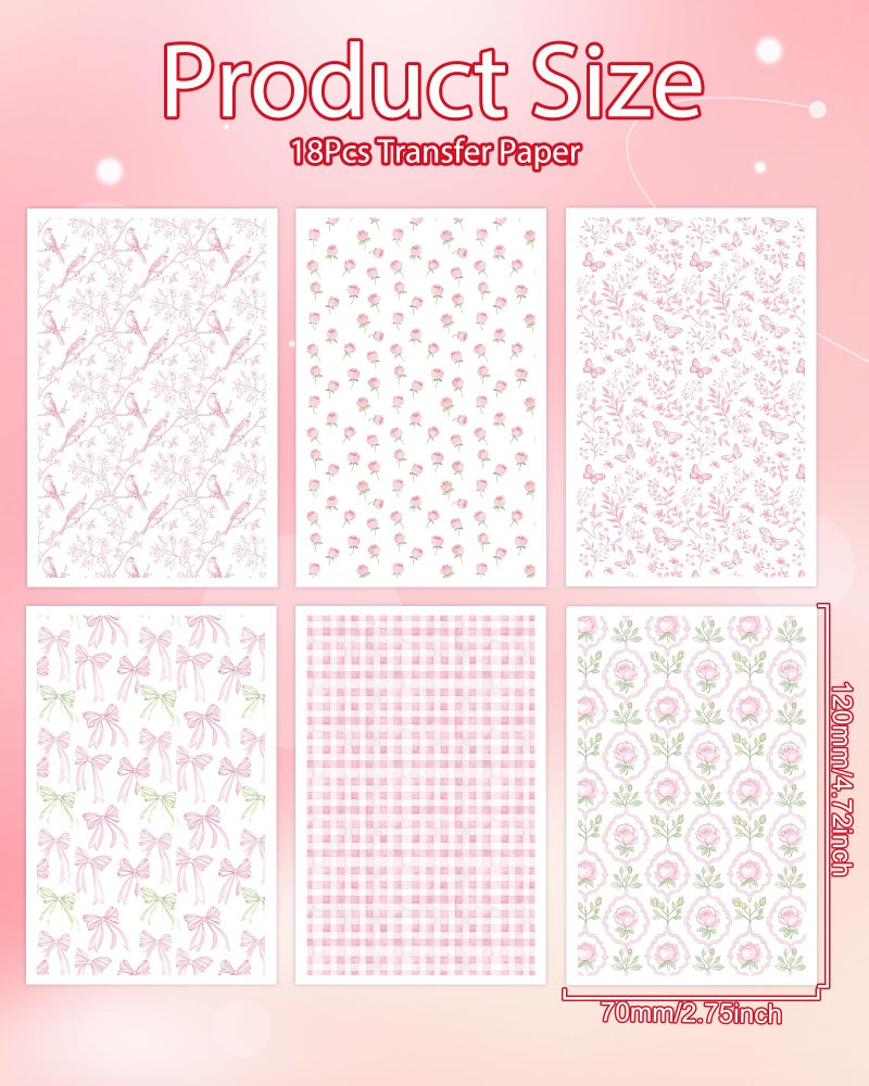 Puocaon Pink Polymer Clay Transfer Sheets - 18 Pcs Cute Bow Floral Transfer Paper for Polymer Clay Earrings Jewelry Chinoiserie Flowers Butterfly Pink Gingham Design - Image 4