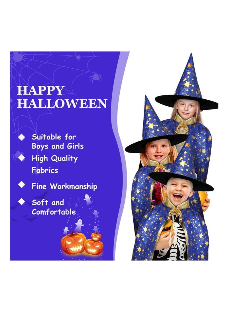 TAPIT Halloween Wizard Cosplay Cape for Kids, Stars Pattern Witch Costume Cloak with Hat for Children's Role Play Party, with Pumpkin Candy Bag (Blue) - Image 2