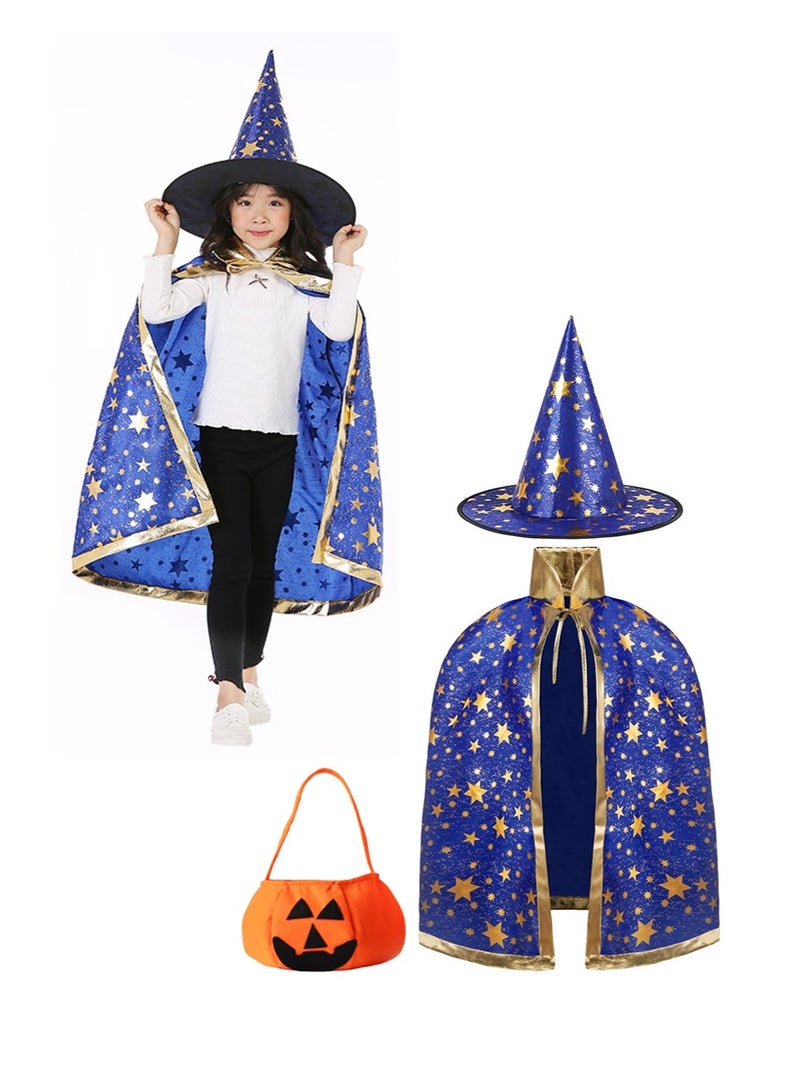 TAPIT Halloween Wizard Cosplay Cape for Kids, Stars Pattern Witch Costume Cloak with Hat for Children's Role Play Party, with Pumpkin Candy Bag (Blue) - Image 1