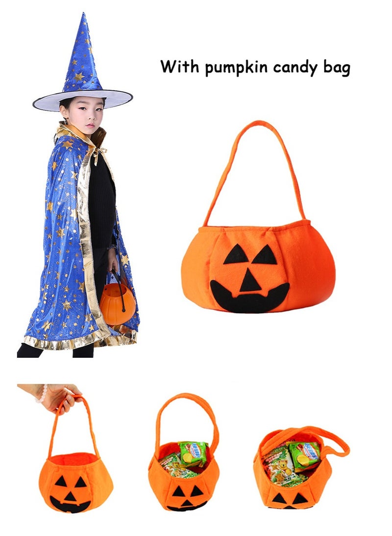 TAPIT Halloween Wizard Cosplay Cape for Kids, Stars Pattern Witch Costume Cloak with Hat for Children's Role Play Party, with Pumpkin Candy Bag (Blue) - Image 4