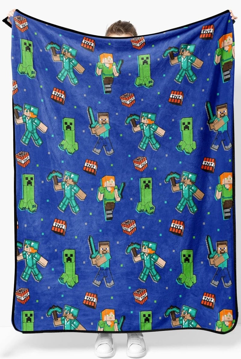 Minecraft Plush Throw Blanket  Measures 50 x 60 Inches  Kids Super Soft Blue Fleece Bedding Features Creeper