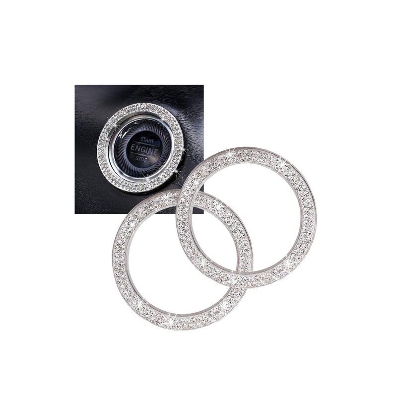 SOLARAE Car Supplies One-Key Start Button Decorative Ring, Diamond-Set Crystal Ignition Ring Car Volume Button Decorative Ring, Bling Car Interior Accessory for Women, Silver - Image 1