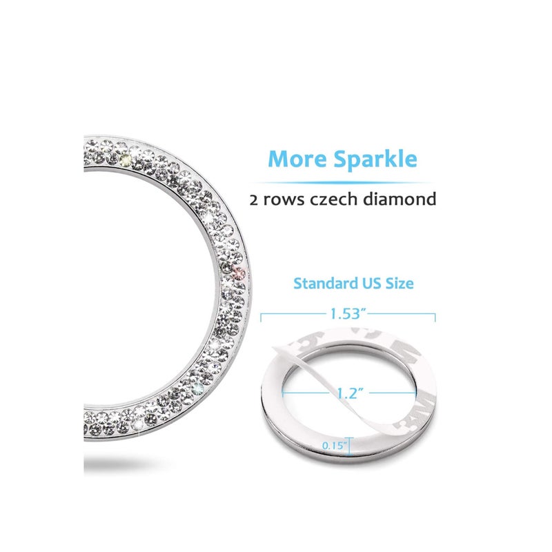 SOLARAE Car Supplies One-Key Start Button Decorative Ring, Diamond-Set Crystal Ignition Ring Car Volume Button Decorative Ring, Bling Car Interior Accessory for Women, Silver - Image 2