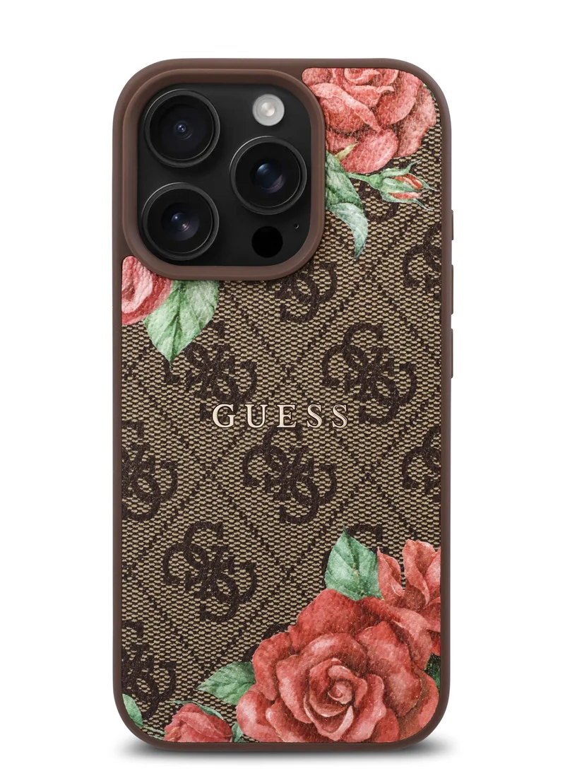 GUESS iPhone 16 Pro Max PU 4G Hard Case with Roses and Metal Logo / Shock Absorption / Raised Bezels / Slim and Lightweight Back Cover - multicolor