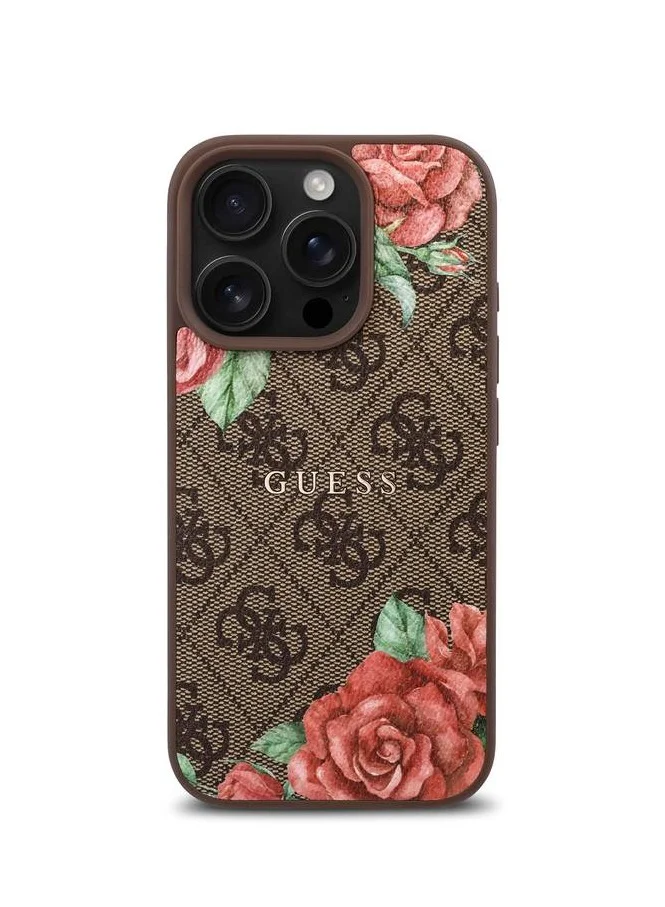 GUESS iPhone 16 Pro Max PU 4G Hard Case with Roses and Metal Logo / Shock Absorption / Raised Bezels / Slim and Lightweight Back Cover - multicolor