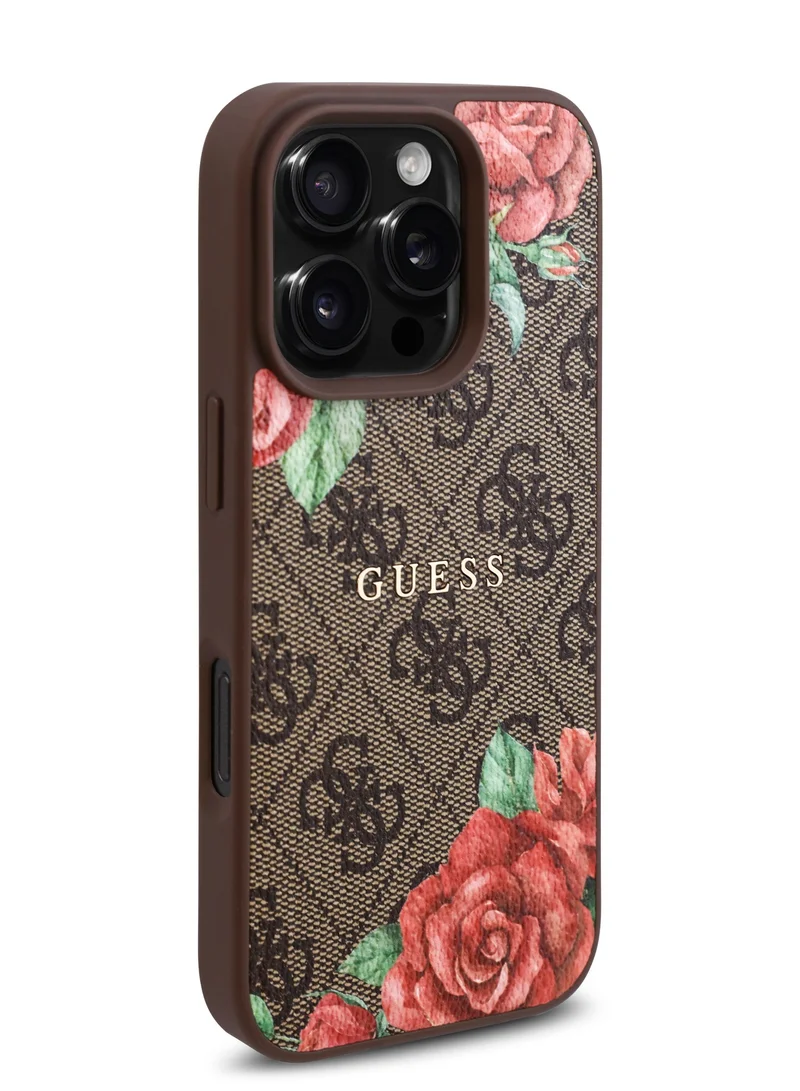 GUESS iPhone 16 Pro Max PU 4G Hard Case with Roses and Metal Logo / Shock Absorption / Raised Bezels / Slim and Lightweight Back Cover - multicolor