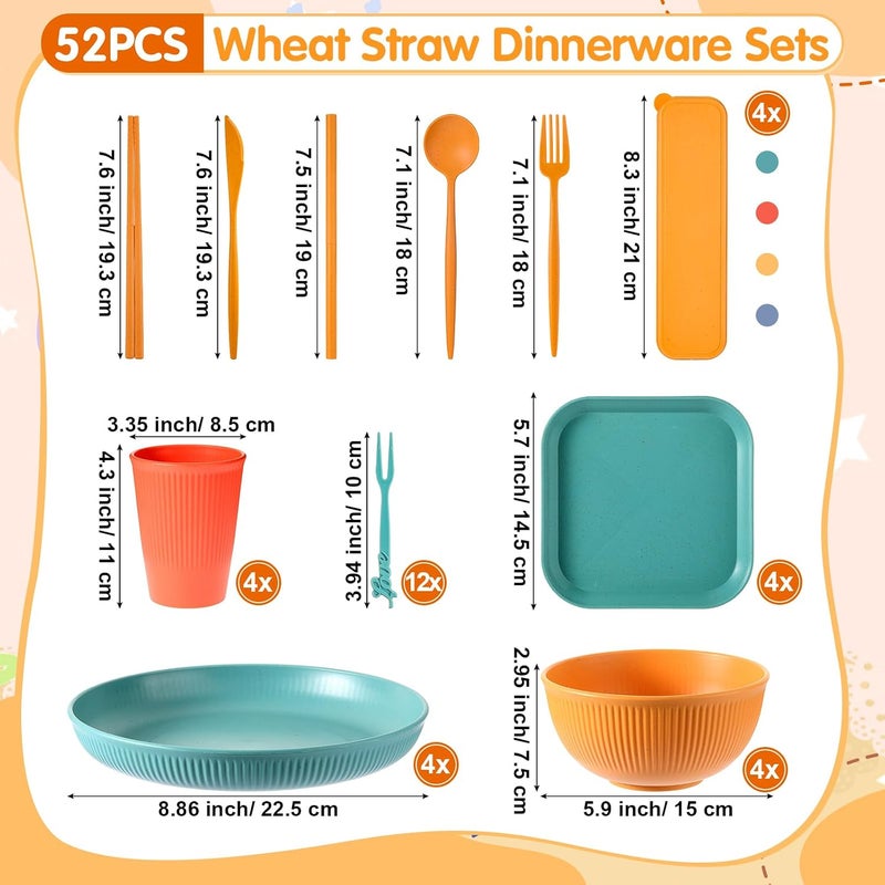 Sratte 52 Pieces Wheat Straw Dinnerware Set Unbreakable Microwave Dishwasher Safe Plates and Bowls Sets Reusable Wheat Straw Plates Cups Bowls Spoon Knife Fork Straw Cutlery Set for Kitchen Picnic Camping - Image 2