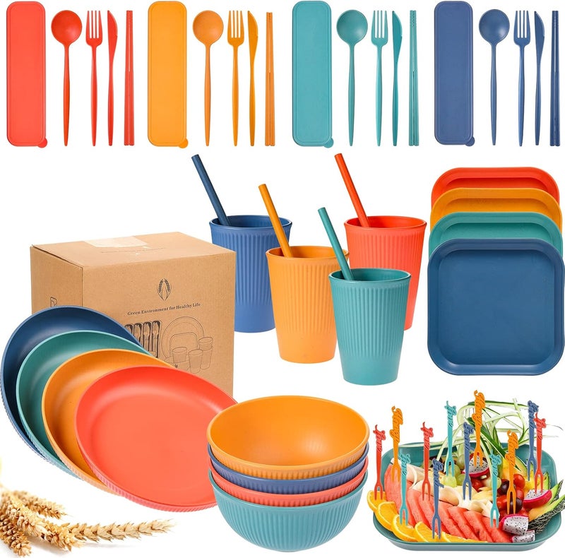 Sratte 52 Pieces Wheat Straw Dinnerware Set Unbreakable Microwave Dishwasher Safe Plates and Bowls Sets Reusable Wheat Straw Plates Cups Bowls Spoon Knife Fork Straw Cutlery Set for Kitchen Picnic Camping - Image 1