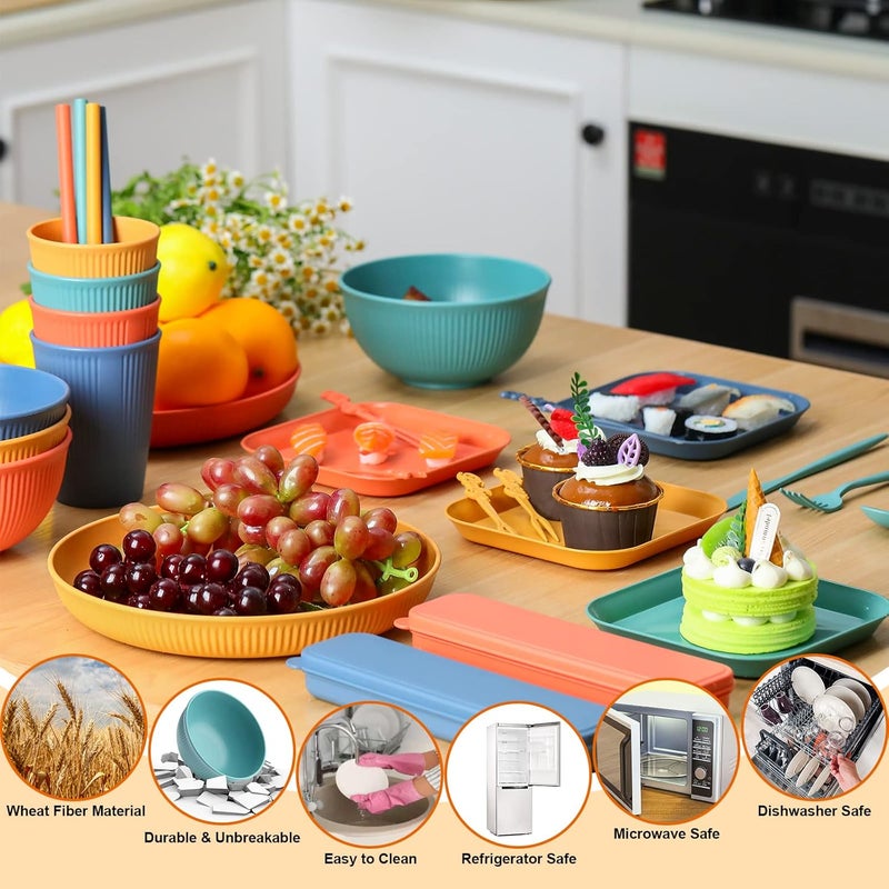Sratte 52 Pieces Wheat Straw Dinnerware Set Unbreakable Microwave Dishwasher Safe Plates and Bowls Sets Reusable Wheat Straw Plates Cups Bowls Spoon Knife Fork Straw Cutlery Set for Kitchen Picnic Camping - Image 3