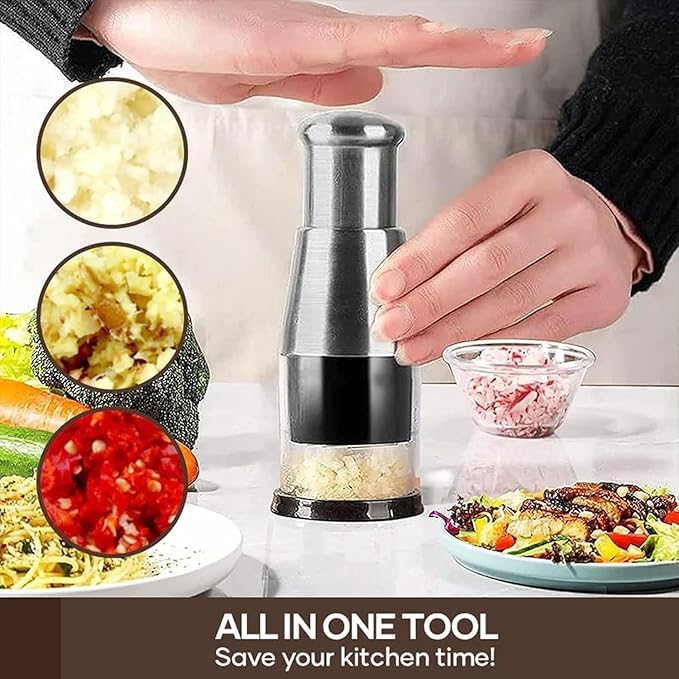Calyrex Pressed Garlic Chopper Multifunctional Manual Food Presser and Hand Press for Mincing Garlic Slicing Peppers and Onions Stainless Steel - Image 2