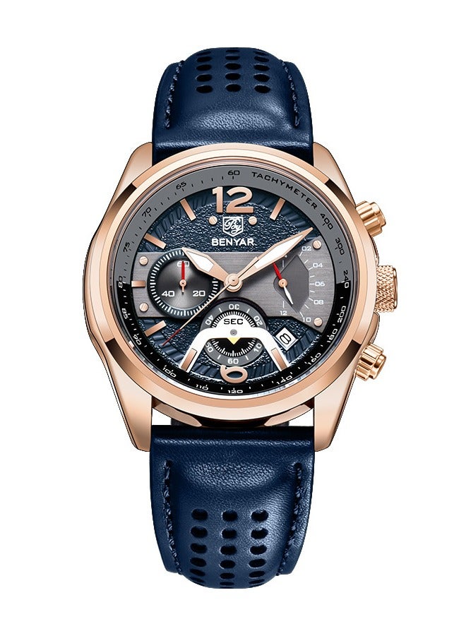 BENYAR Watches for Men Luxury Quartz Water Resistant Watch Men's Chronograph Genuine Leather Strap 5171 Blue - Image 1