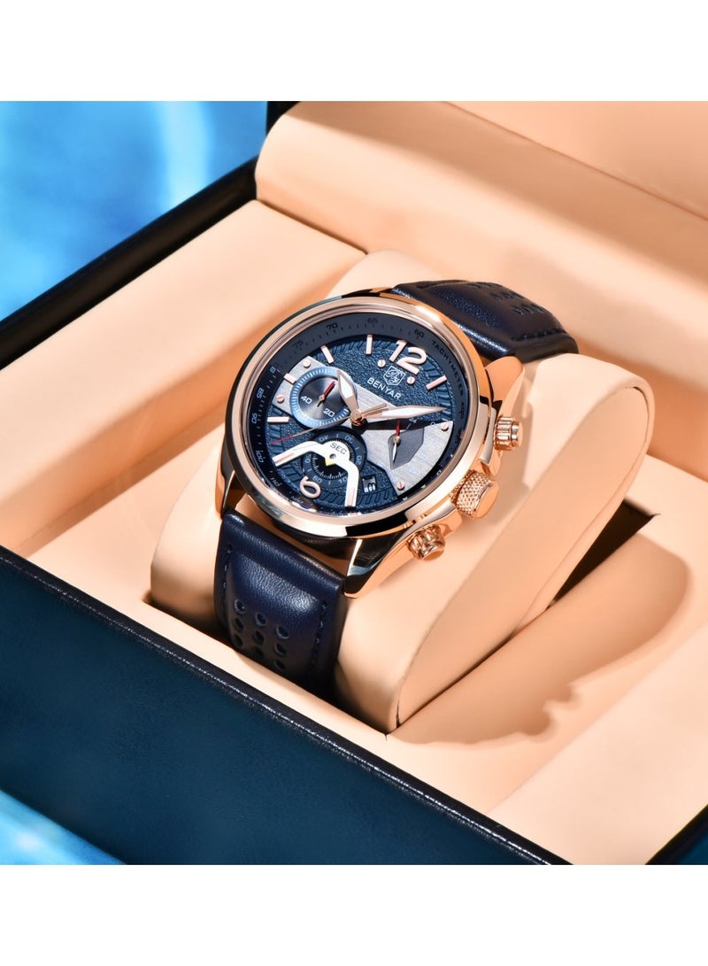 BENYAR Watches for Men Luxury Quartz Water Resistant Watch Men's Chronograph Genuine Leather Strap 5171 Blue - Image 4