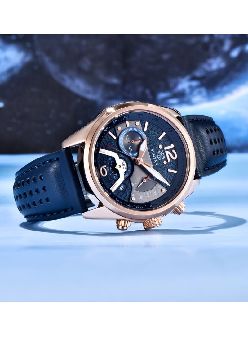 BENYAR Watches for Men Luxury Quartz Water Resistant Watch Men's Chronograph Genuine Leather Strap 5171 Blue - Image 2