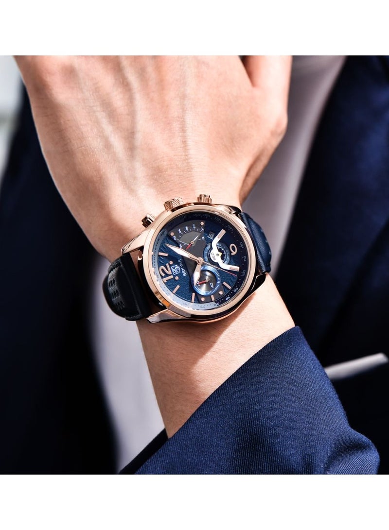 BENYAR Watches for Men Luxury Quartz Water Resistant Watch Men's Chronograph Genuine Leather Strap 5171 Blue - Image 5