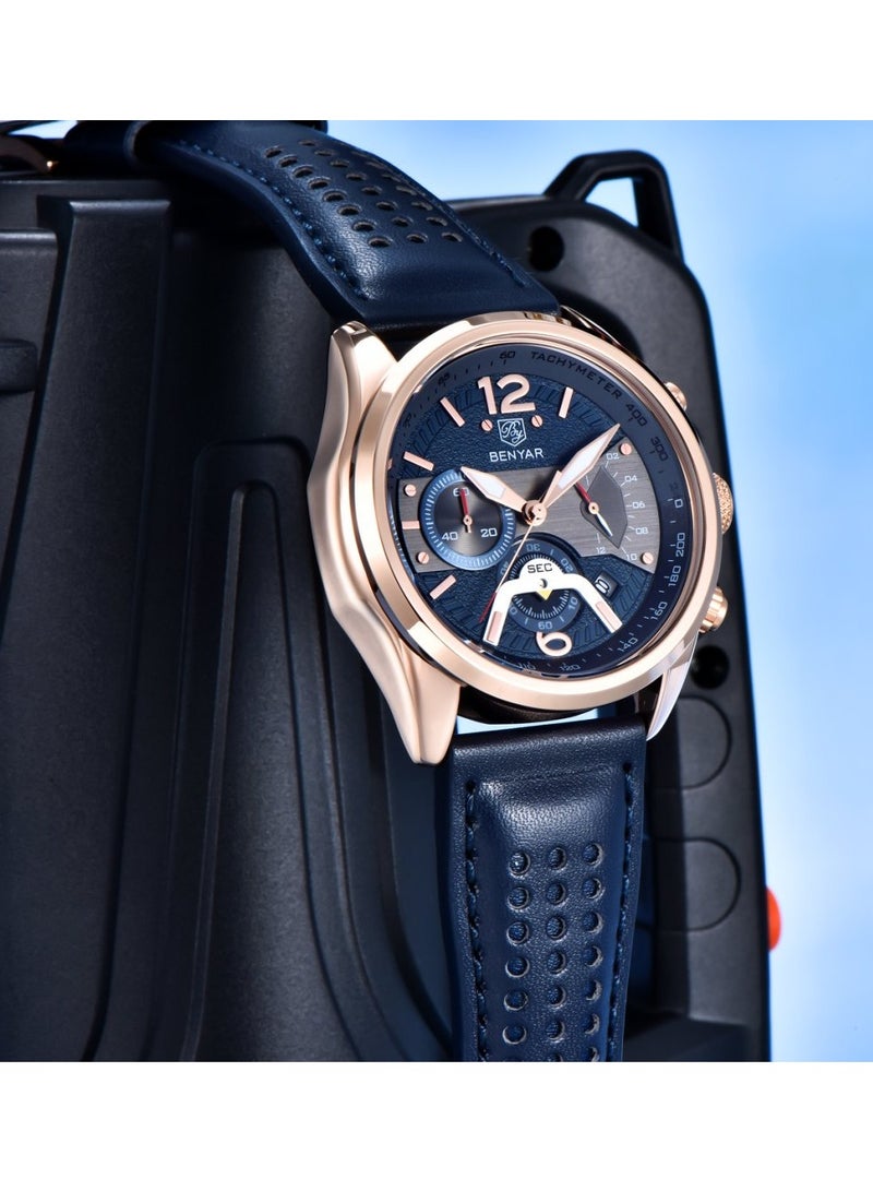 BENYAR Watches for Men Luxury Quartz Water Resistant Watch Men's Chronograph Genuine Leather Strap 5171 Blue - Image 3