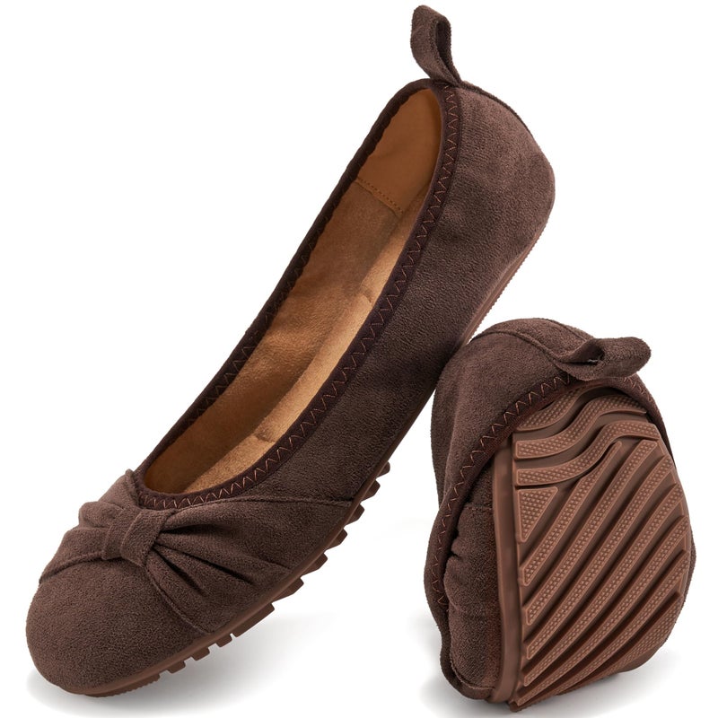 Ecetana Womens Flats Shoes Dressy Round Toe Bowknot Suede Foldable Comfortable Casual Slip On Ballet Loafers Coffee