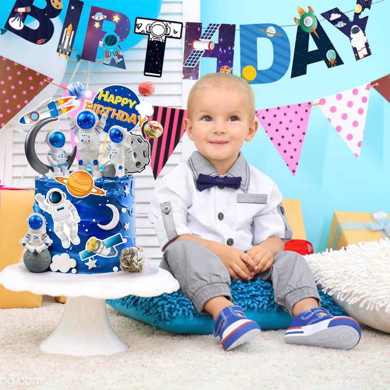 KDPATFAV Astronaut Figurines Space Cake Toppers Astronaut Planet Rocket Satellite and Star Space DIY Cake Toppers for Space Theme Party Birthday Party Baby Shower Supplies (Blue) - Image 3