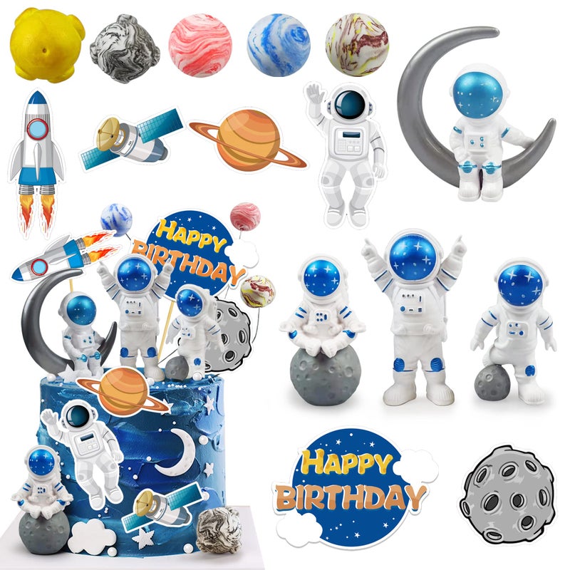 KDPATFAV Astronaut Figurines Space Cake Toppers Astronaut Planet Rocket Satellite and Star Space DIY Cake Toppers for Space Theme Party Birthday Party Baby Shower Supplies (Blue) - Image 1