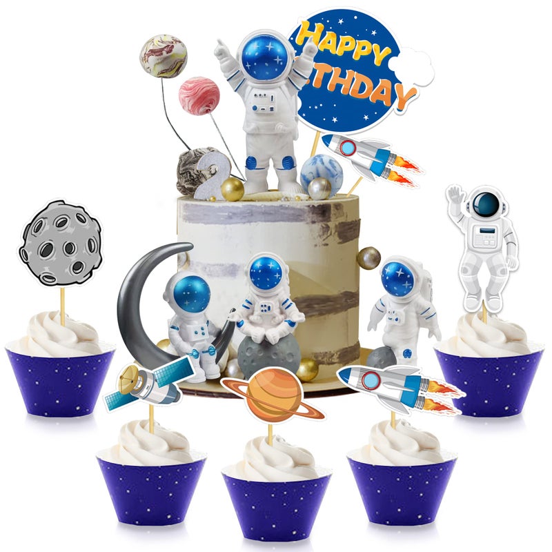 KDPATFAV Astronaut Figurines Space Cake Toppers Astronaut Planet Rocket Satellite and Star Space DIY Cake Toppers for Space Theme Party Birthday Party Baby Shower Supplies (Blue) - Image 5