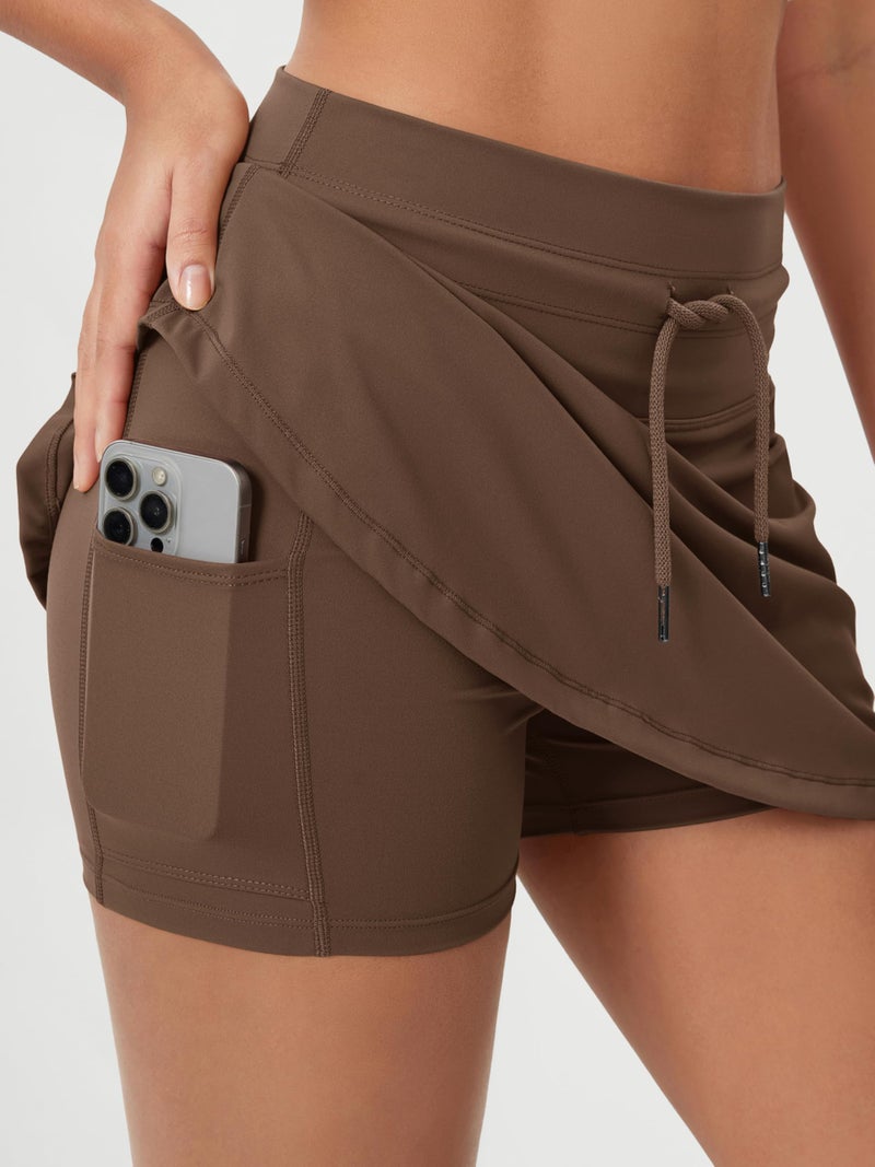 ODODOS Women's Drawstring Tie Skirts Built-in Shorts Athletic Golf Tennis Skorts with Ball Pocket, Brunette, Medium - Image 3