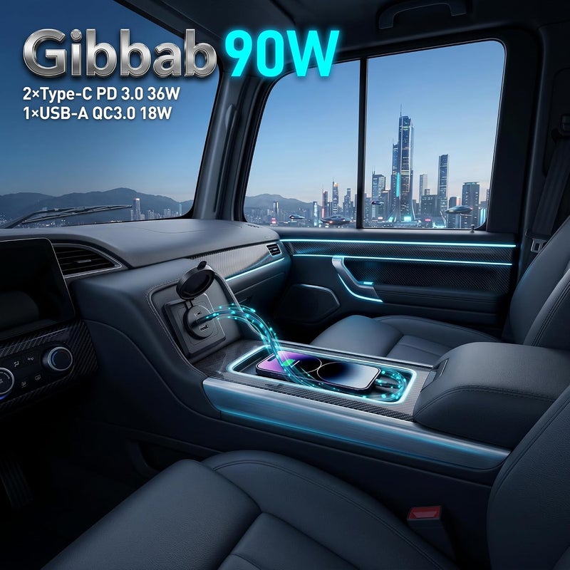 قطعتان من مقبس الحائط 90W 12V RV USB C، مع منفذين PD3.0 بقدرة 36W من النوع C ومنفذ QC3.0 بقدرة 18W، مقبس شحن السيارة بثلاثة منافذ من الألومنيوم بالكامل مع لوحة سوداء، تركيب غائر مع غطاء مقاوم للماء للشحن السريع لعربة التخييم والقارب - Image 2