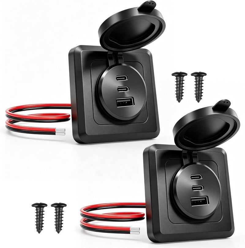 قطعتان من مقبس الحائط 90W 12V RV USB C، مع منفذين PD3.0 بقدرة 36W من النوع C ومنفذ QC3.0 بقدرة 18W، مقبس شحن السيارة بثلاثة منافذ من الألومنيوم بالكامل مع لوحة سوداء، تركيب غائر مع غطاء مقاوم للماء للشحن السريع لعربة التخييم والقارب - Image 1