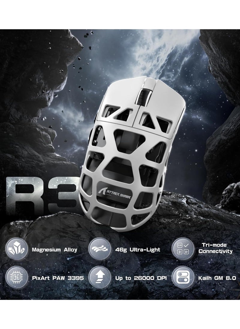 Attack Shark R3 46g Superlight Magnesium Alloy Wireless Gaming Mouse, BT/2.4Ghz/Wired Computer Mouse, 8000Hz Wireless Polling Rate, PAW3395 26K DPI Sensor, Programmable Mice, PC/Laptop/Mac (White)  - Image 2