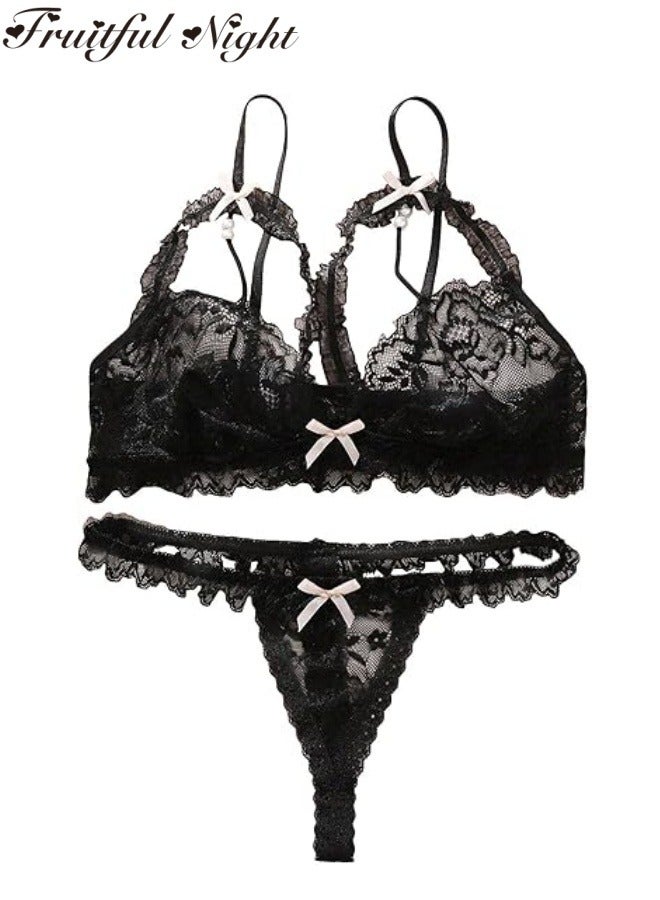 Fruitful Night Garter Bow Strappy Sheer Lingerie Set Cute Lace Trim Mesh Bra and Panty  - Image 1