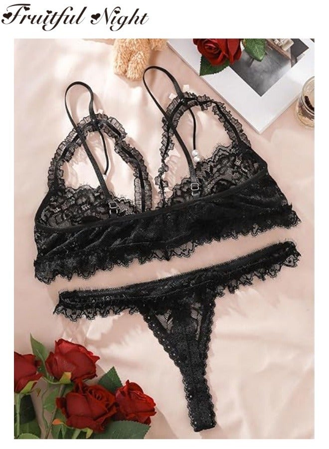 Fruitful Night Garter Bow Strappy Sheer Lingerie Set Cute Lace Trim Mesh Bra and Panty  - Image 2