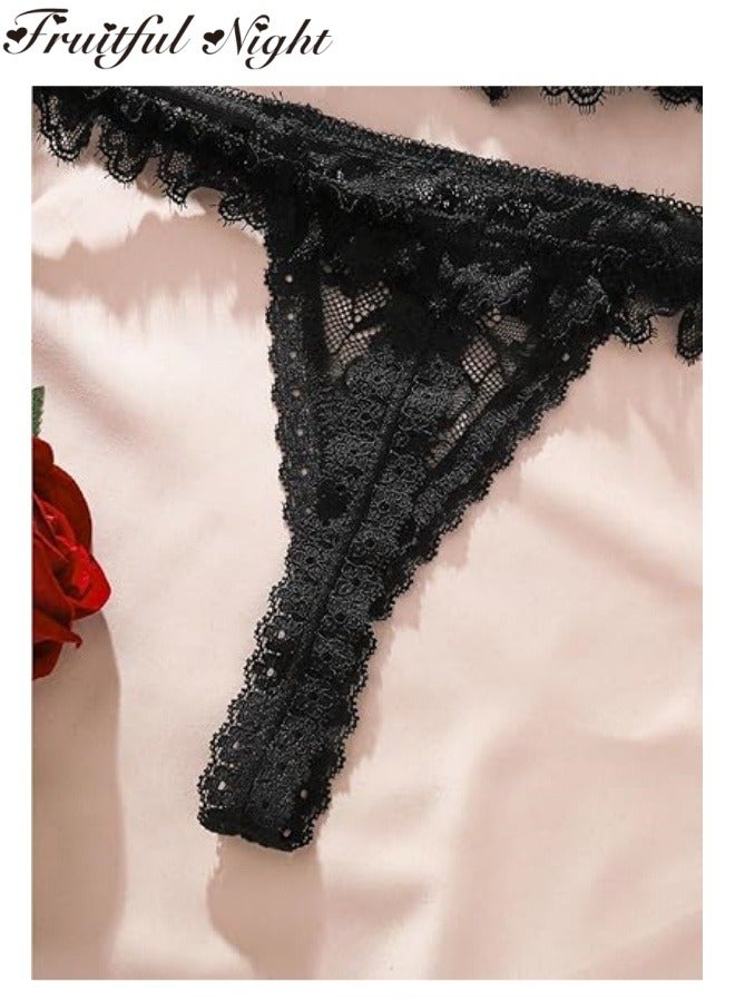 Fruitful Night Garter Bow Strappy Sheer Lingerie Set Cute Lace Trim Mesh Bra and Panty  - Image 3