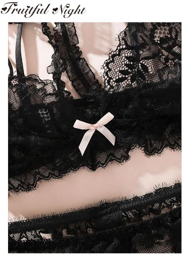 Fruitful Night Garter Bow Strappy Sheer Lingerie Set Cute Lace Trim Mesh Bra and Panty  - Image 4