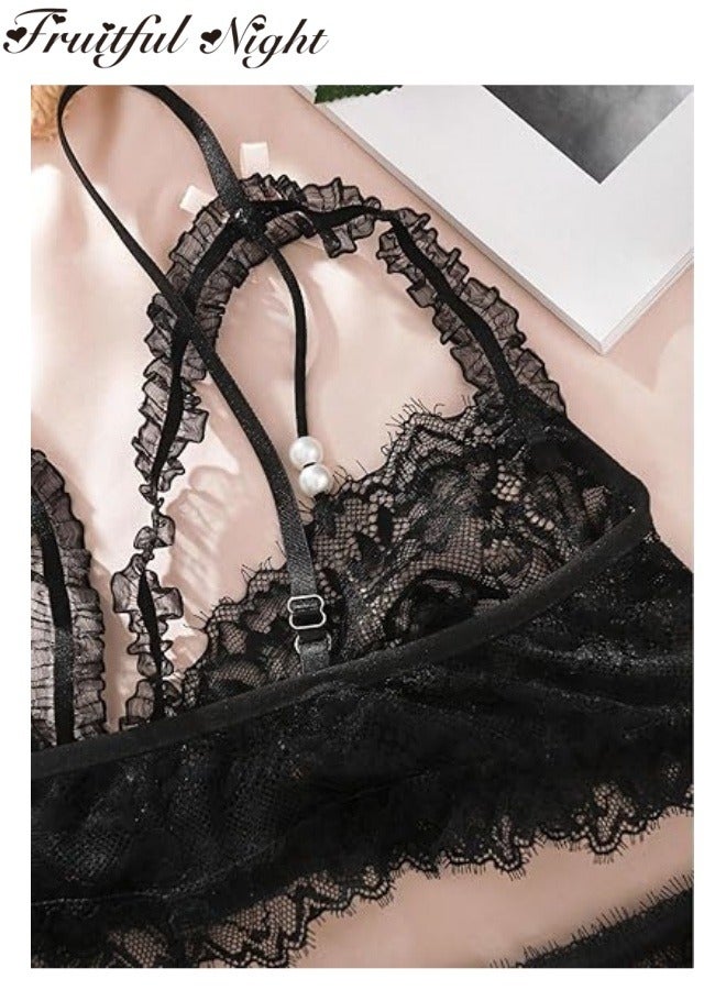 Fruitful Night Garter Bow Strappy Sheer Lingerie Set Cute Lace Trim Mesh Bra and Panty  - Image 5