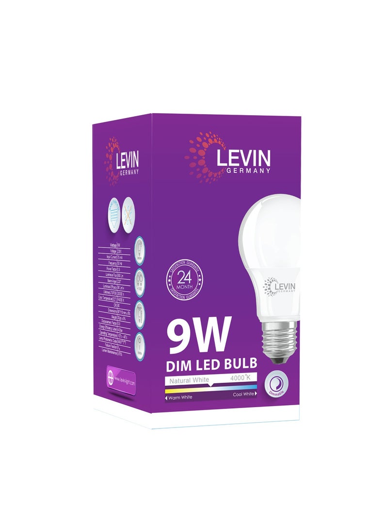 Levin Germany LEVIN Dimmable Germany A60 E27 LED Bulb, 9W, 850LM, Neutral White 4000K, High CRI>80, Energy-Efficient Lighting, 220-240Vac, Long-Lasting Performance, 2-Years Warranty - Image 1