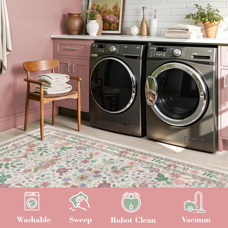 Deerly Boho Floral Area Rug 6x9 for Living Room Vintage Large Washable Non-Slip Bedroom Carpet Soft Low Pile Thin Floor Mat Indoor for Dining Room Playroom Nursery Farmhouse, Beige/Light Pink/Multi - Image 5