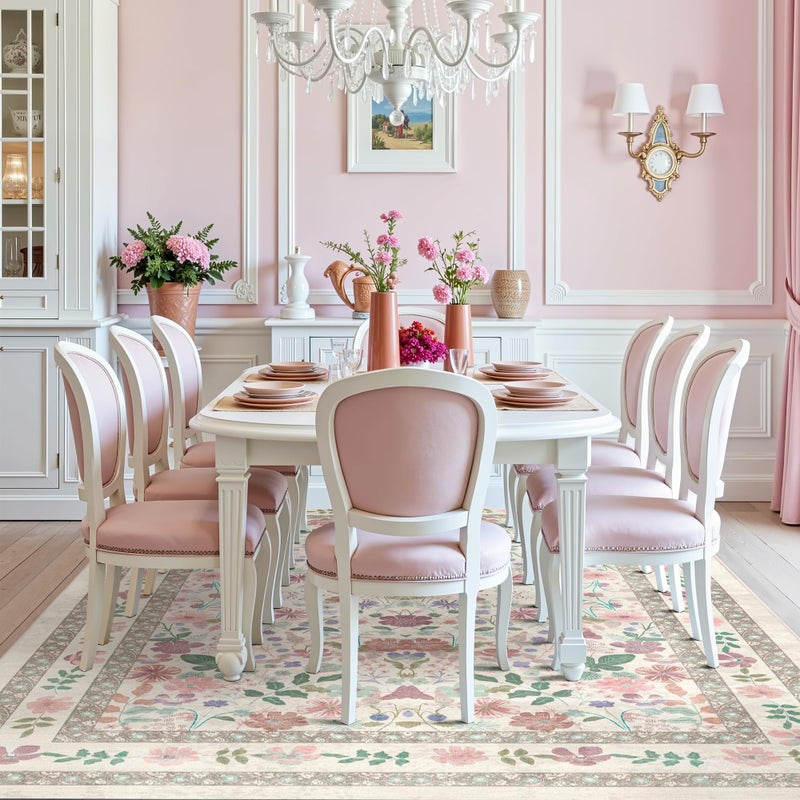Deerly Boho Floral Area Rug 6x9 for Living Room Vintage Large Washable Non-Slip Bedroom Carpet Soft Low Pile Thin Floor Mat Indoor for Dining Room Playroom Nursery Farmhouse, Beige/Light Pink/Multi - Image 3