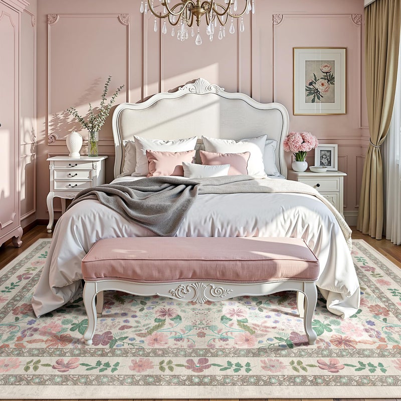 Deerly Boho Floral Area Rug 6x9 for Living Room Vintage Large Washable Non-Slip Bedroom Carpet Soft Low Pile Thin Floor Mat Indoor for Dining Room Playroom Nursery Farmhouse, Beige/Light Pink/Multi - Image 1