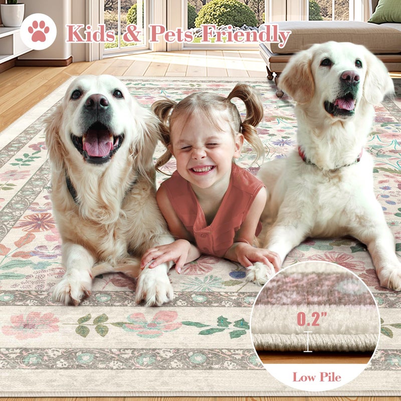 Deerly Boho Floral Area Rug 6x9 for Living Room Vintage Large Washable Non-Slip Bedroom Carpet Soft Low Pile Thin Floor Mat Indoor for Dining Room Playroom Nursery Farmhouse, Beige/Light Pink/Multi - Image 4