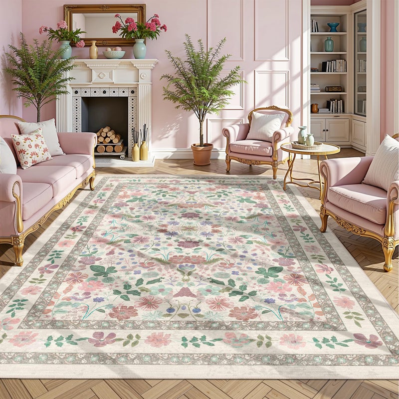 Deerly Boho Floral Area Rug 6x9 for Living Room Vintage Large Washable Non-Slip Bedroom Carpet Soft Low Pile Thin Floor Mat Indoor for Dining Room Playroom Nursery Farmhouse, Beige/Light Pink/Multi - Image 2