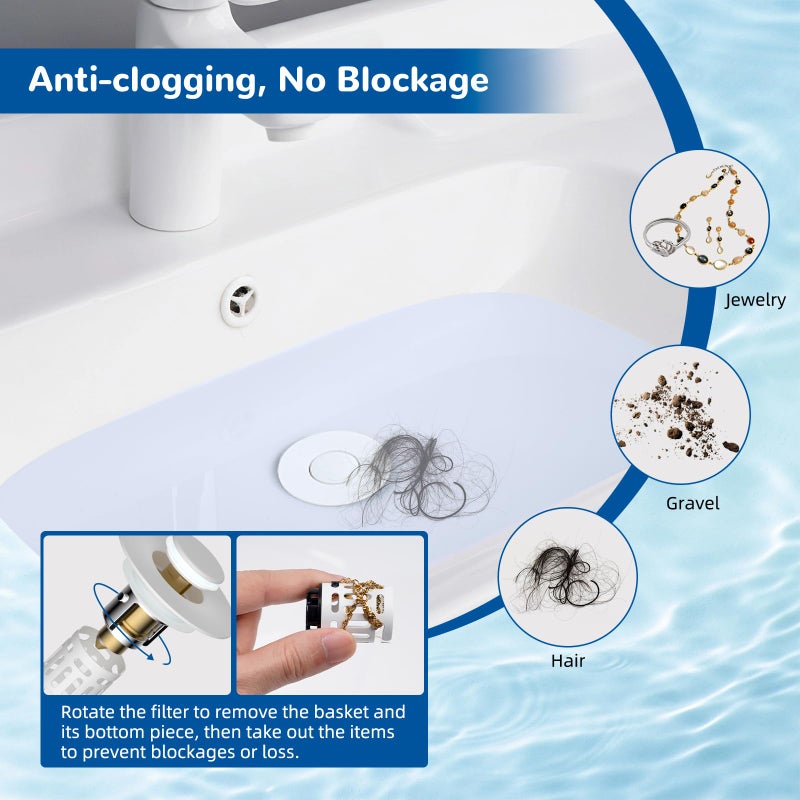 Hibbent Upgraded 3 in 1 Bathroom Sink Drain Strainer, Universal Pop Up Stopper with Removable Stainless Steel Filter Basket Hair Catcher, Sink Plug for 1.1''~2.36'' Basin, Brass Bullet Core, White - Image 4