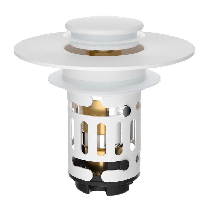 Hibbent Upgraded 3 in 1 Bathroom Sink Drain Strainer, Universal Pop Up Stopper with Removable Stainless Steel Filter Basket Hair Catcher, Sink Plug for 1.1''~2.36'' Basin, Brass Bullet Core, White - Image 1