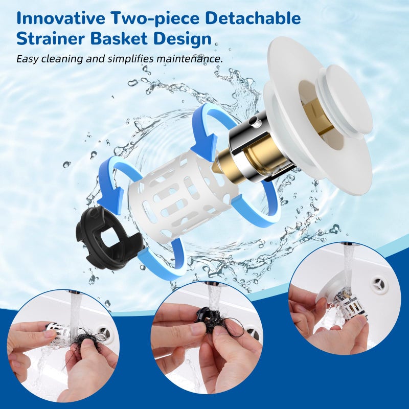 Hibbent Upgraded 3 in 1 Bathroom Sink Drain Strainer, Universal Pop Up Stopper with Removable Stainless Steel Filter Basket Hair Catcher, Sink Plug for 1.1''~2.36'' Basin, Brass Bullet Core, White - Image 2