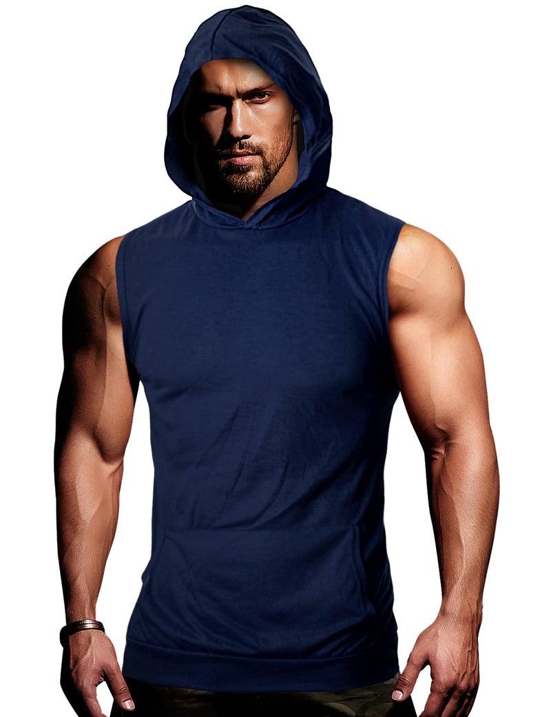 GIVON Mens Slim Fit Thin Super Lightweight Sleeveless Hoodie with Kanga Pocket/DCF015-NAVY-S - Image 1