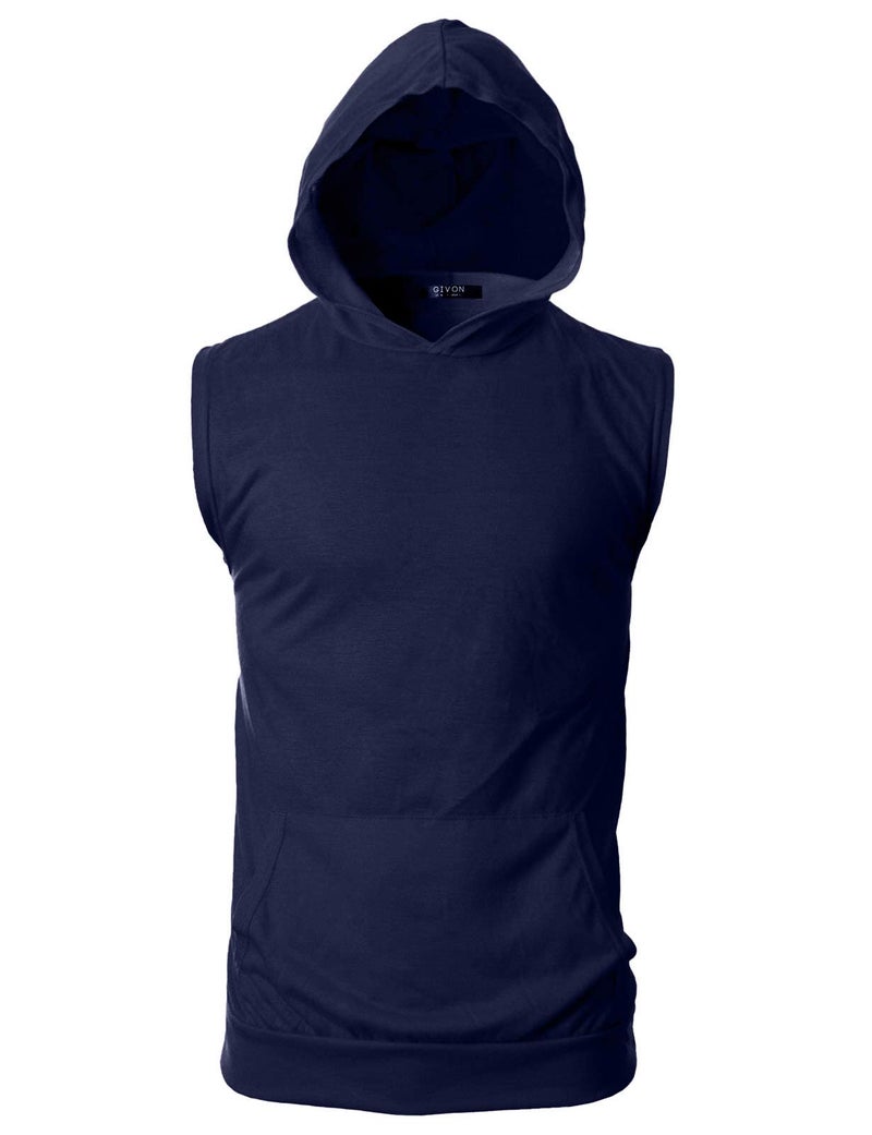 GIVON Mens Slim Fit Thin Super Lightweight Sleeveless Hoodie with Kanga Pocket/DCF015-NAVY-S - Image 3