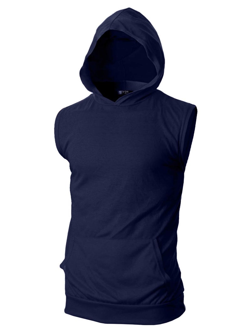 GIVON Mens Slim Fit Thin Super Lightweight Sleeveless Hoodie with Kanga Pocket/DCF015-NAVY-S - Image 2