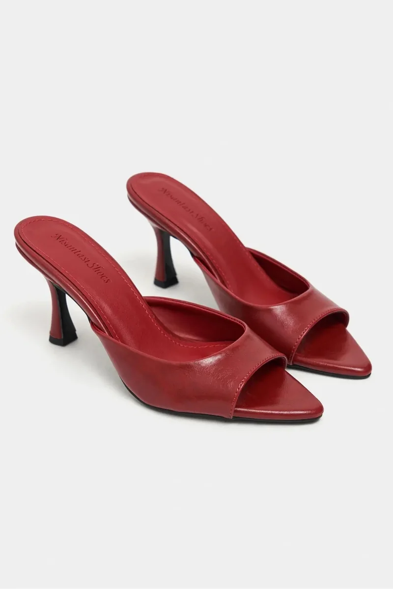 Nisantasi Shoes  Fenrir Rustic Patterned Pointed Toe Slim Heel Mules — Red for Women | Best Price UAE
