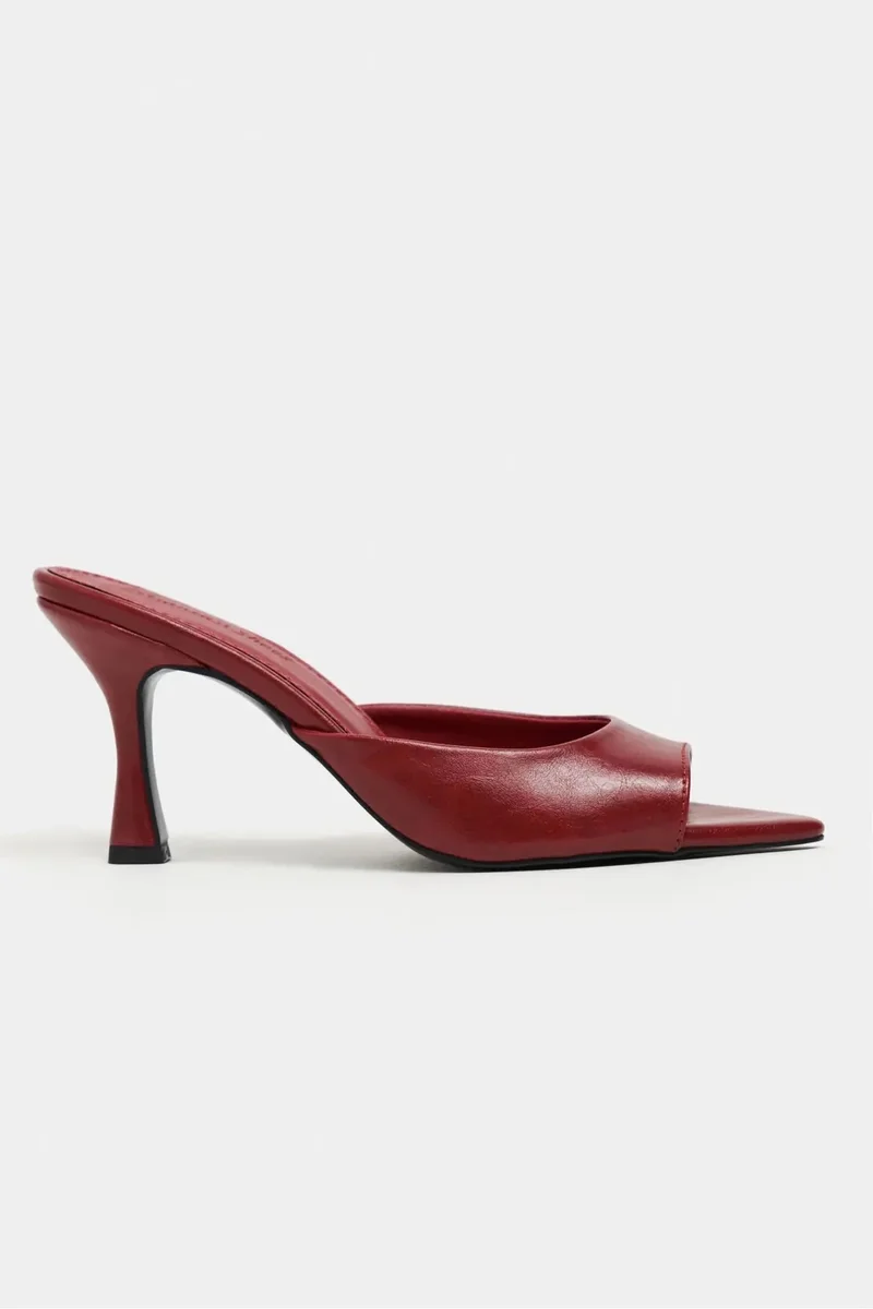 Nisantasi Shoes Fenrir Rustic Patterned Pointed Toe Slim Heel Mules — Red