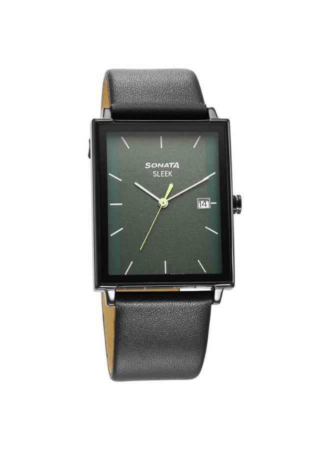 Sonata Sleek 7148NL01 Men's Watch – Green Dial, Black Leather Strap, Quartz Movement, Date Function - Image 1
